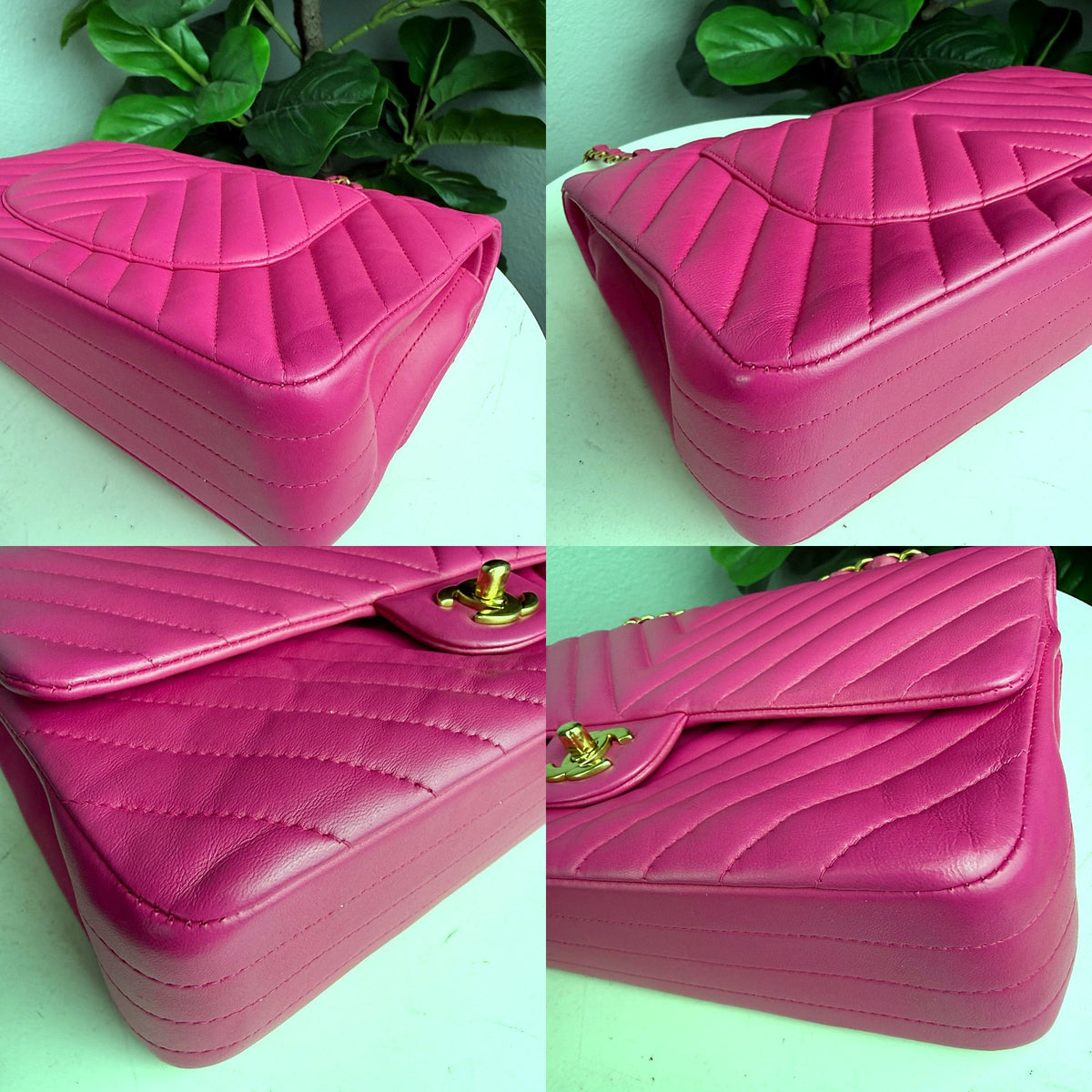 Authentic Chanel Medium Classic Flap Bag Pink Chevron Lambskin Gold Hardware - 03_corners.jpg