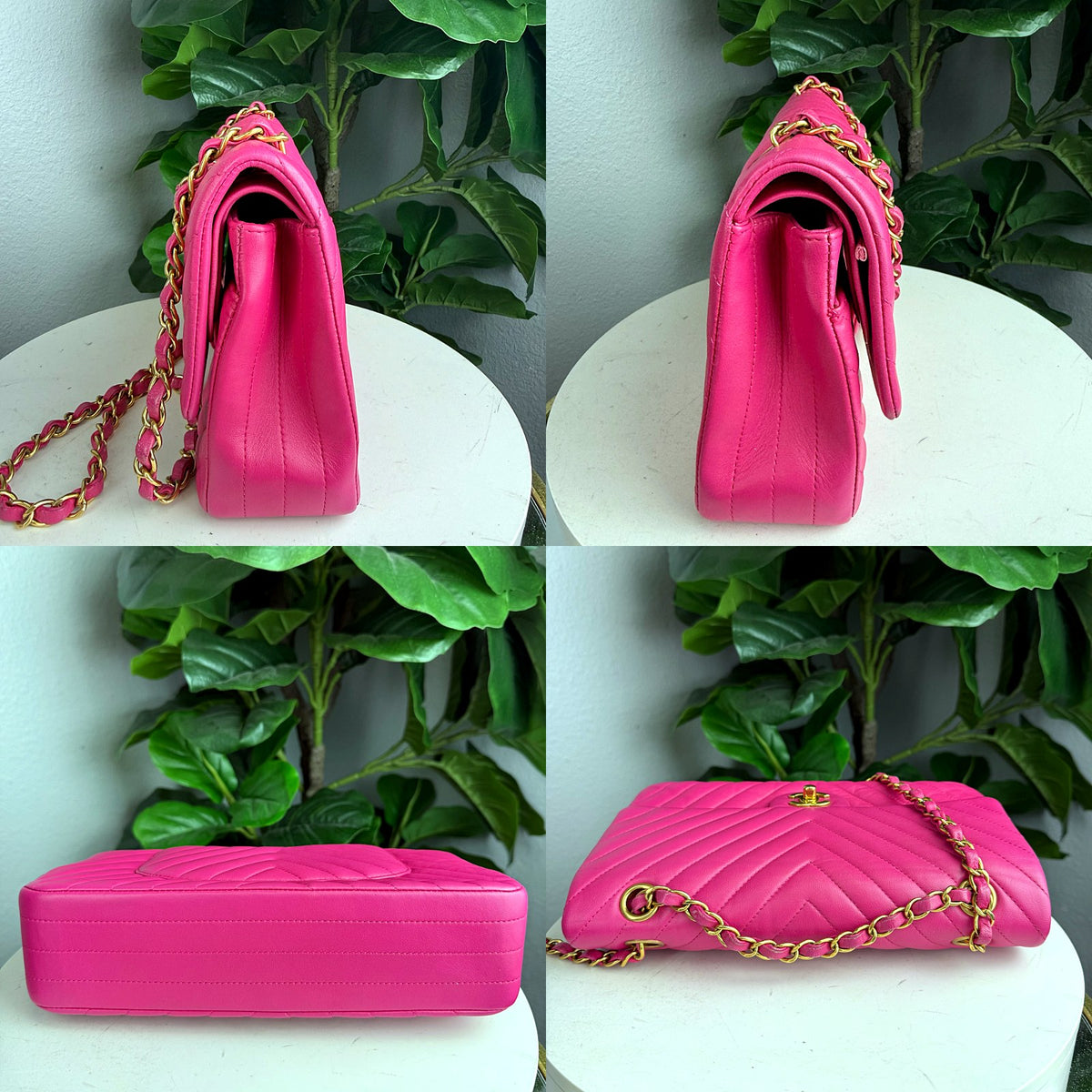 Authentic Chanel Medium Classic Flap Bag Pink Chevron Lambskin Gold Hardware - 05_extra.jpg