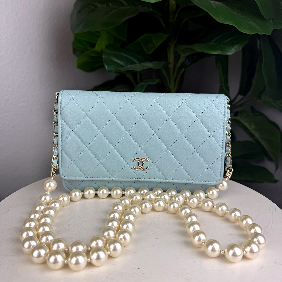 Authentic Chanel Wallet on Chain Light Blue Quilted Lambskin Pearl Strap - 01_photo.jpg