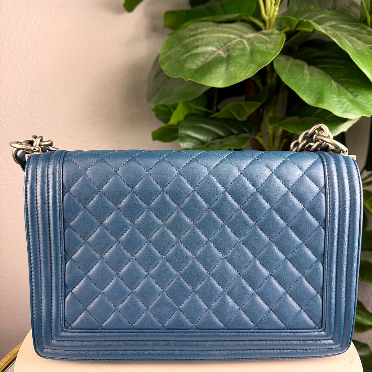 Authentic Chanel Boy Bag Medium Quilted Lambskin Blue Iridescent Silver Hardware - 02_photo.jpg