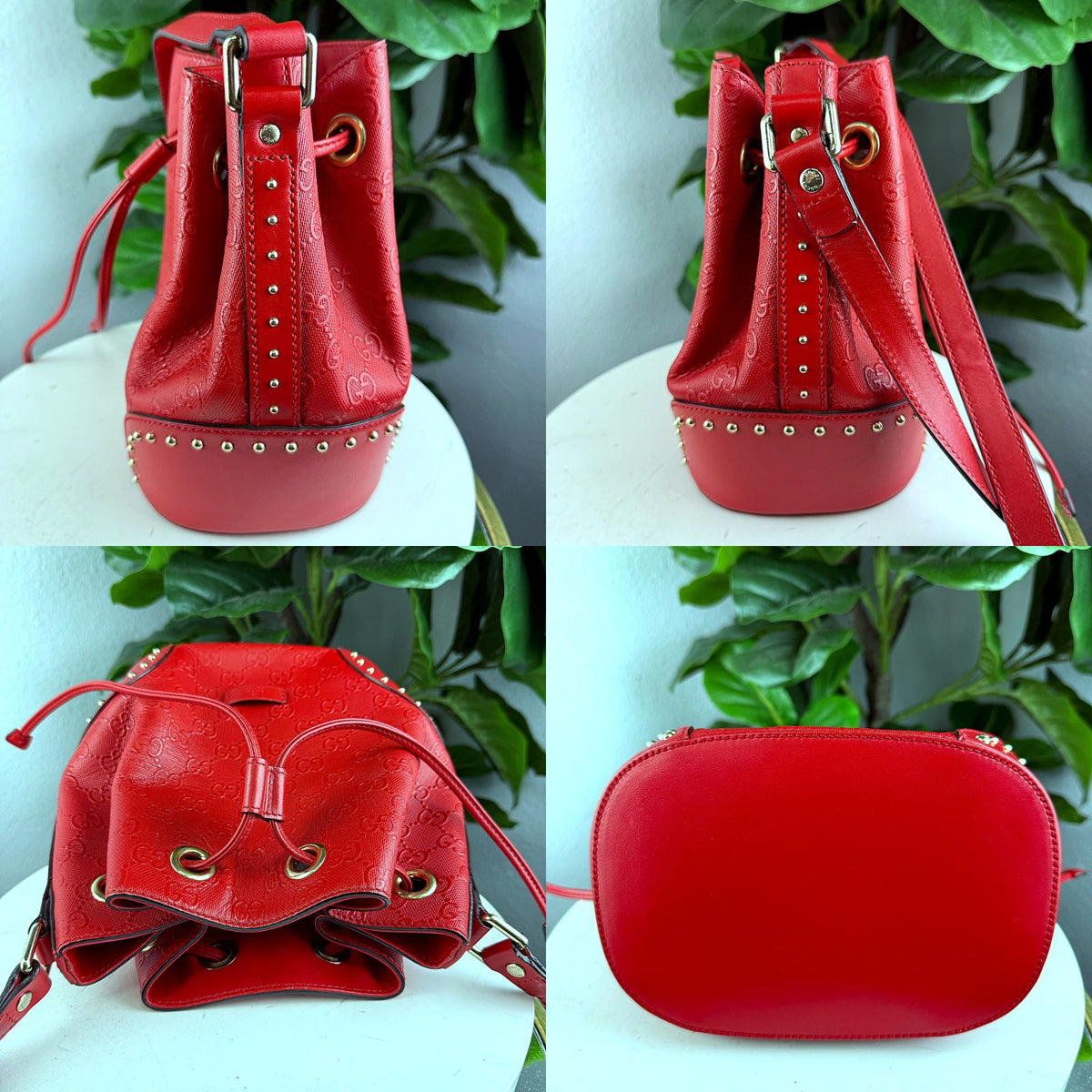 Authentic Gucci GG Signature Leather Bucket Bag Red with Studs - 05_extra.jpg