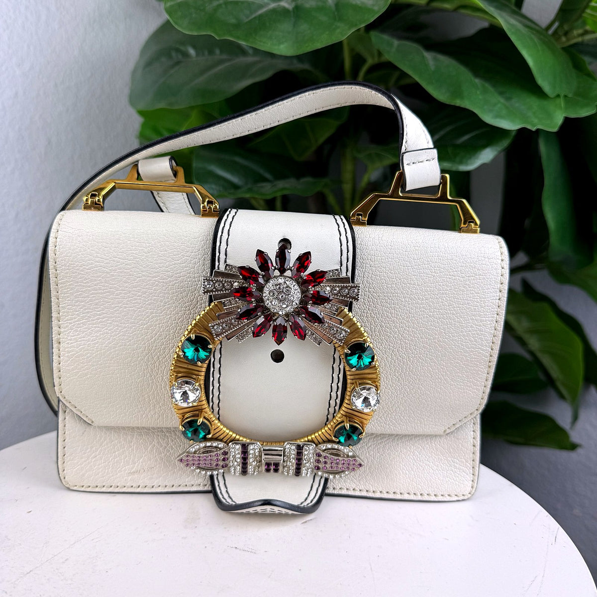 Authentic Miu Miu Lady Embellished Buckle Leather Shoulder Bag Cream - 01_photo.jpg