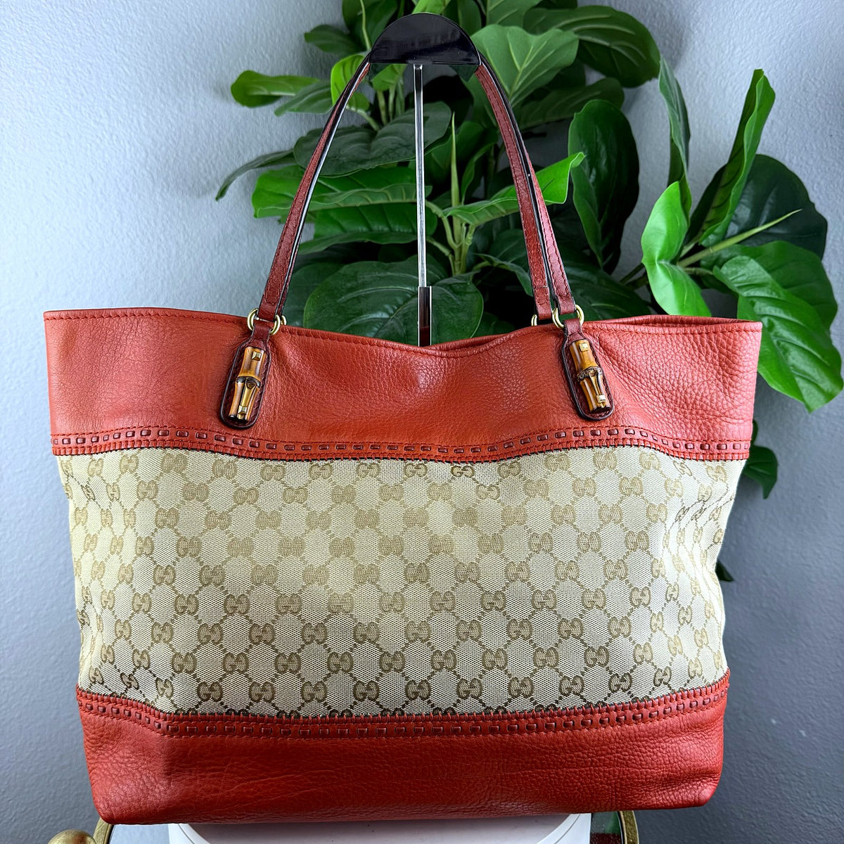 Authentic Gucci GG Canvas Bamboo Detail Tote with Orange Leather Trim - 05_leftover_single.jpg