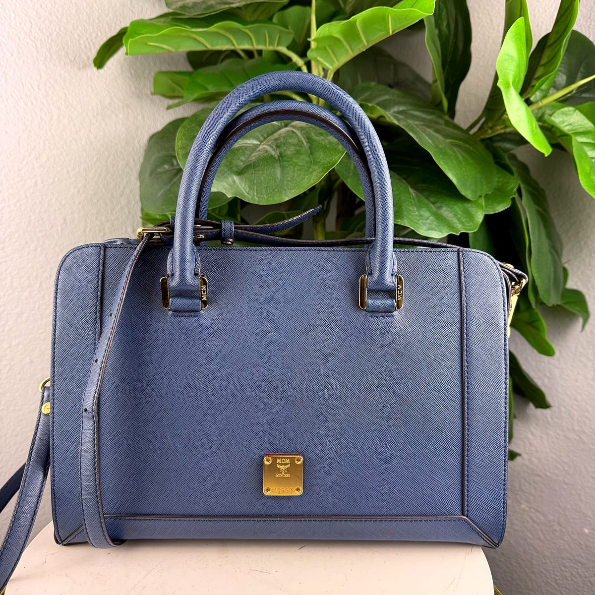Authentic MCM Medium Essential Boston Satchel in Blue Saffiano Leather - 01_photo.jpg