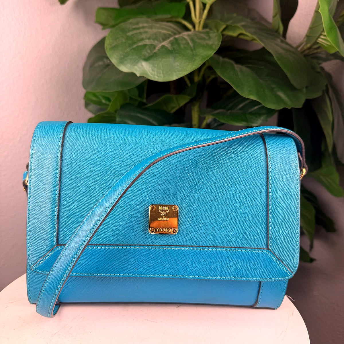 Authentic MCM Blue Saffiano Leather Crossbody Flap Bag - 01_photo.jpg