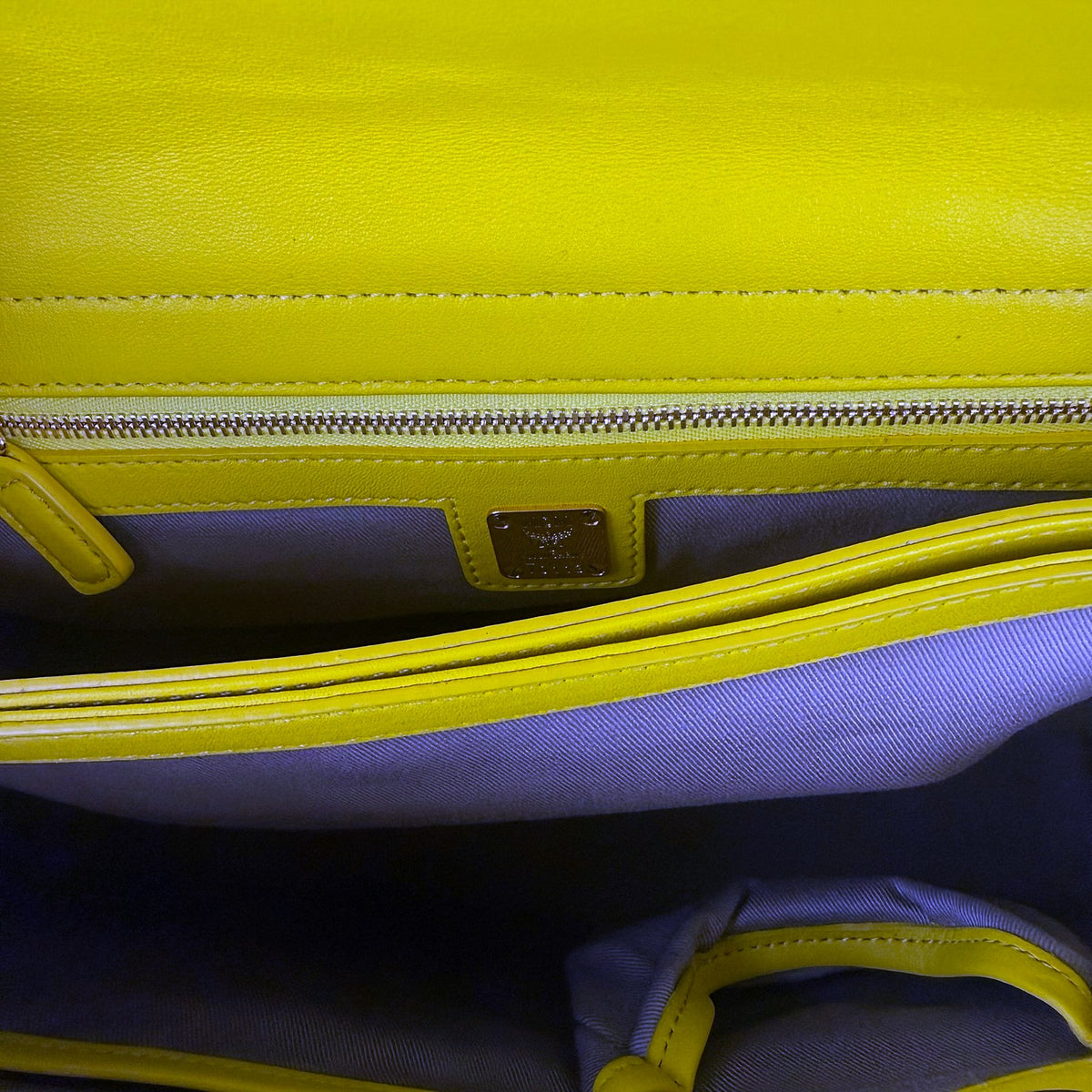 Authentic MCM Double Zip Tote in Yellow Saffiano Leather with Gold Hardware - 04_inside.jpg
