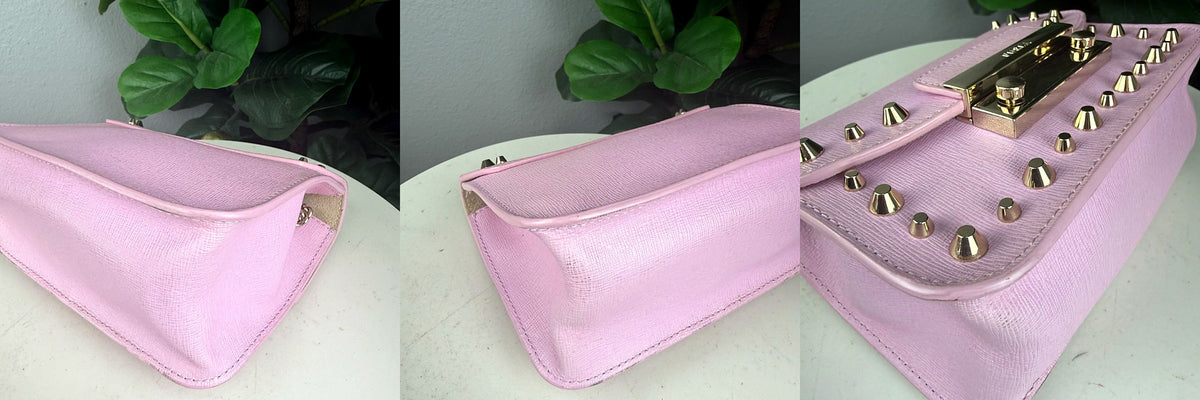 Authentic Furla Metropolis Bolero Mini Studded Crossbody Bag in Pink Saffiano Leather with Gold Hardware - 03_corners.jpg