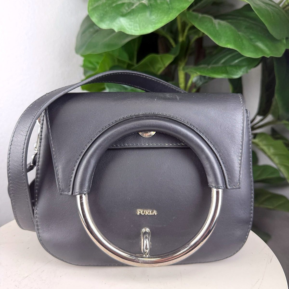 Authentic Furla Margherita Ring Handle Crossbody Bag in Black Leather with Silver Hardware - 01_photo.jpg
