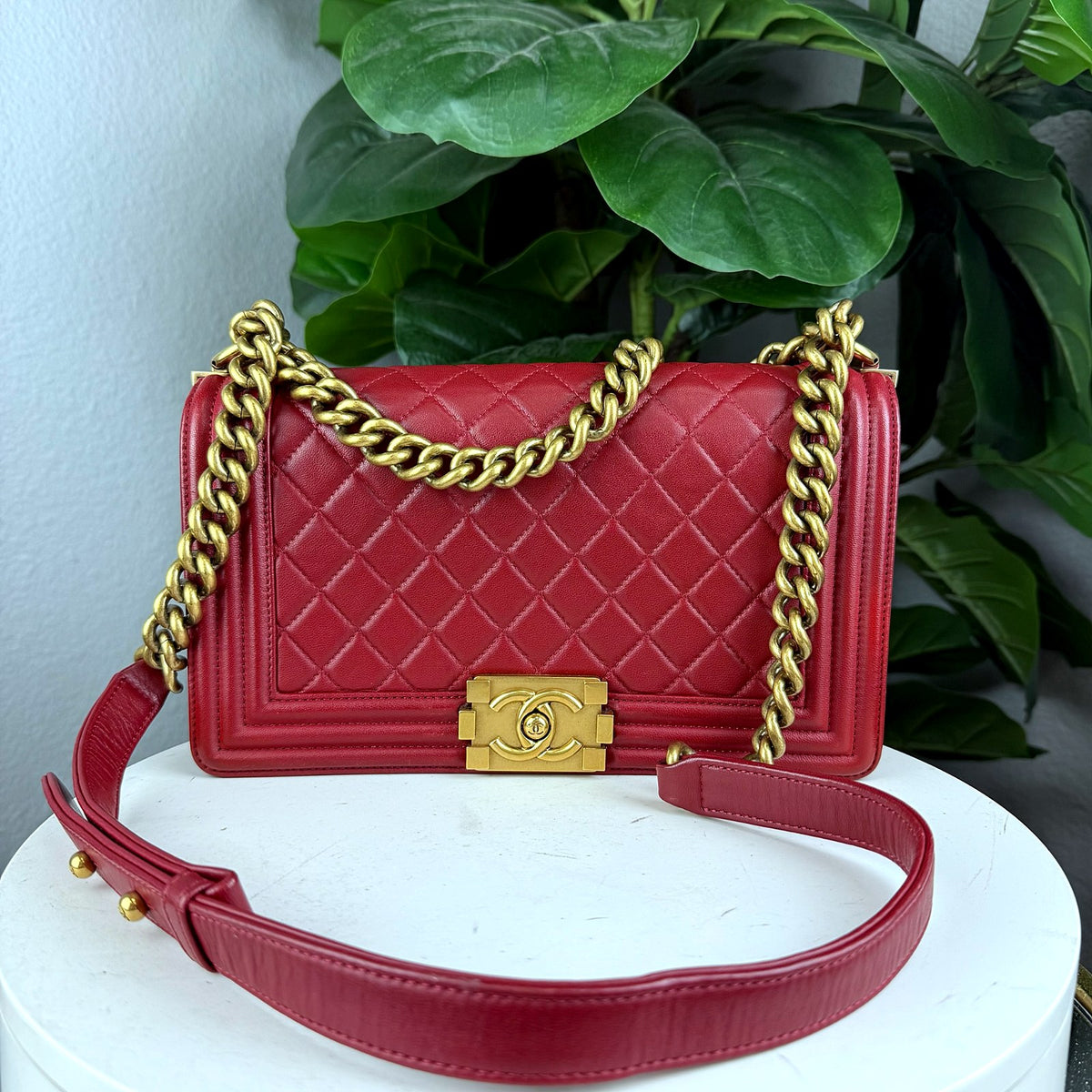 Authentic Chanel Boy Bag Medium Red Quilted Lambskin Gold Hardware - 01_photo.jpg