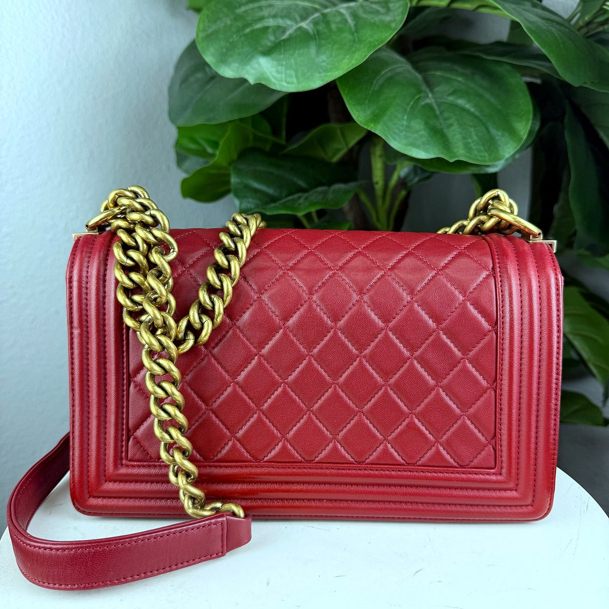 Authentic Chanel Boy Bag Medium Red Quilted Lambskin Gold Hardware - 02_photo.jpg