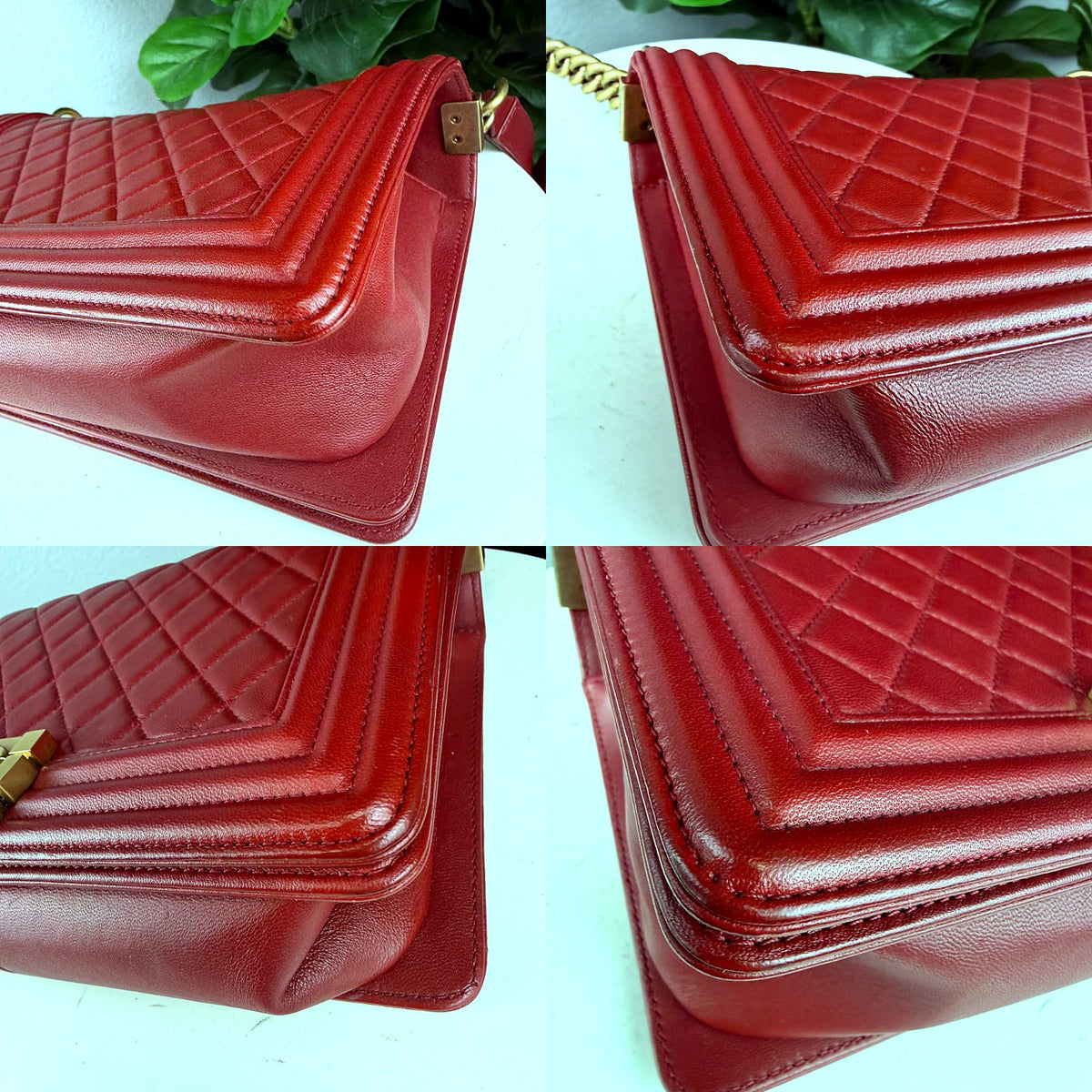 Authentic Chanel Boy Bag Medium Red Quilted Lambskin Gold Hardware - 04_corners.jpg