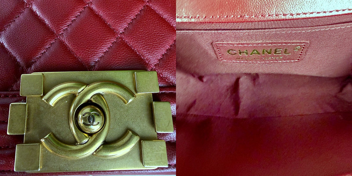Authentic Chanel Boy Bag Medium Red Quilted Lambskin Gold Hardware - 05_inside.jpg