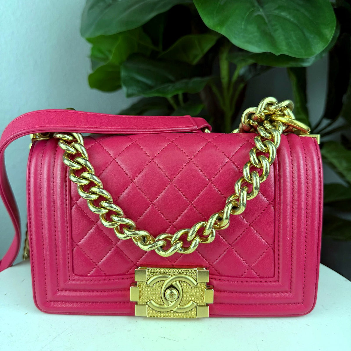Authentic Chanel Small Boy Bag in Fuchsia Pink Lambskin with Gold Hardware - 02_photo.jpg