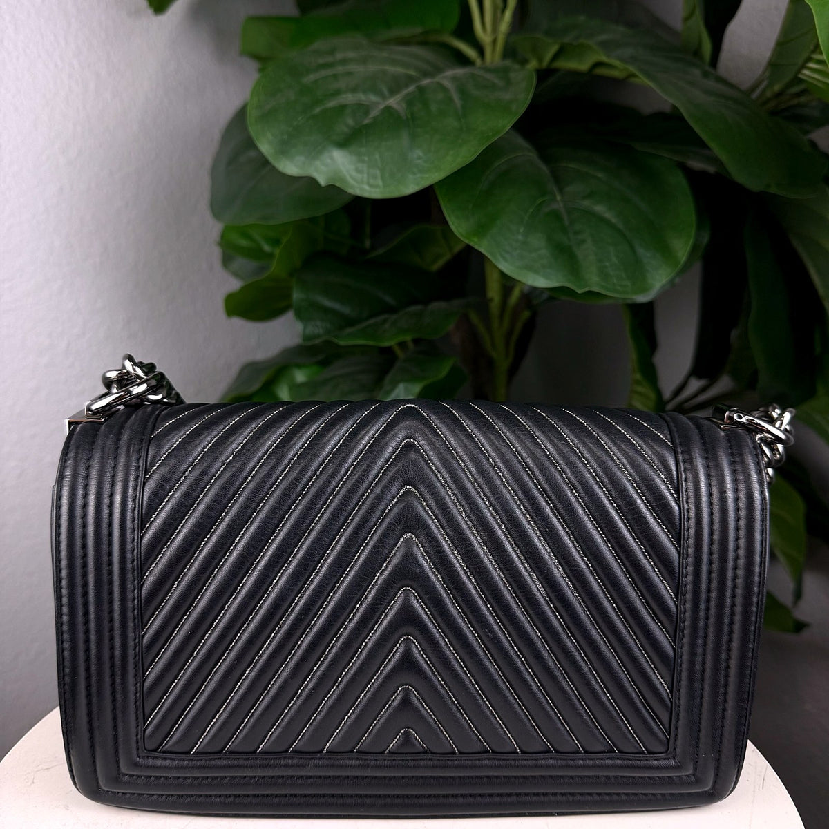 Authentic Chanel Boy Bag Chevron Medium Black Calfskin Silver Hardware - 02_photo.jpg