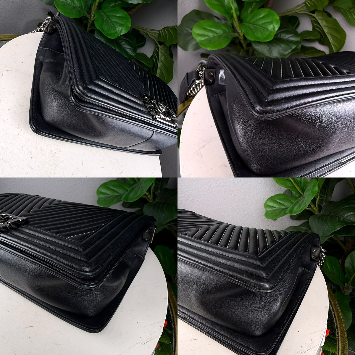 Authentic Chanel Boy Bag Chevron Medium Black Calfskin Silver Hardware - 03_corners.jpg