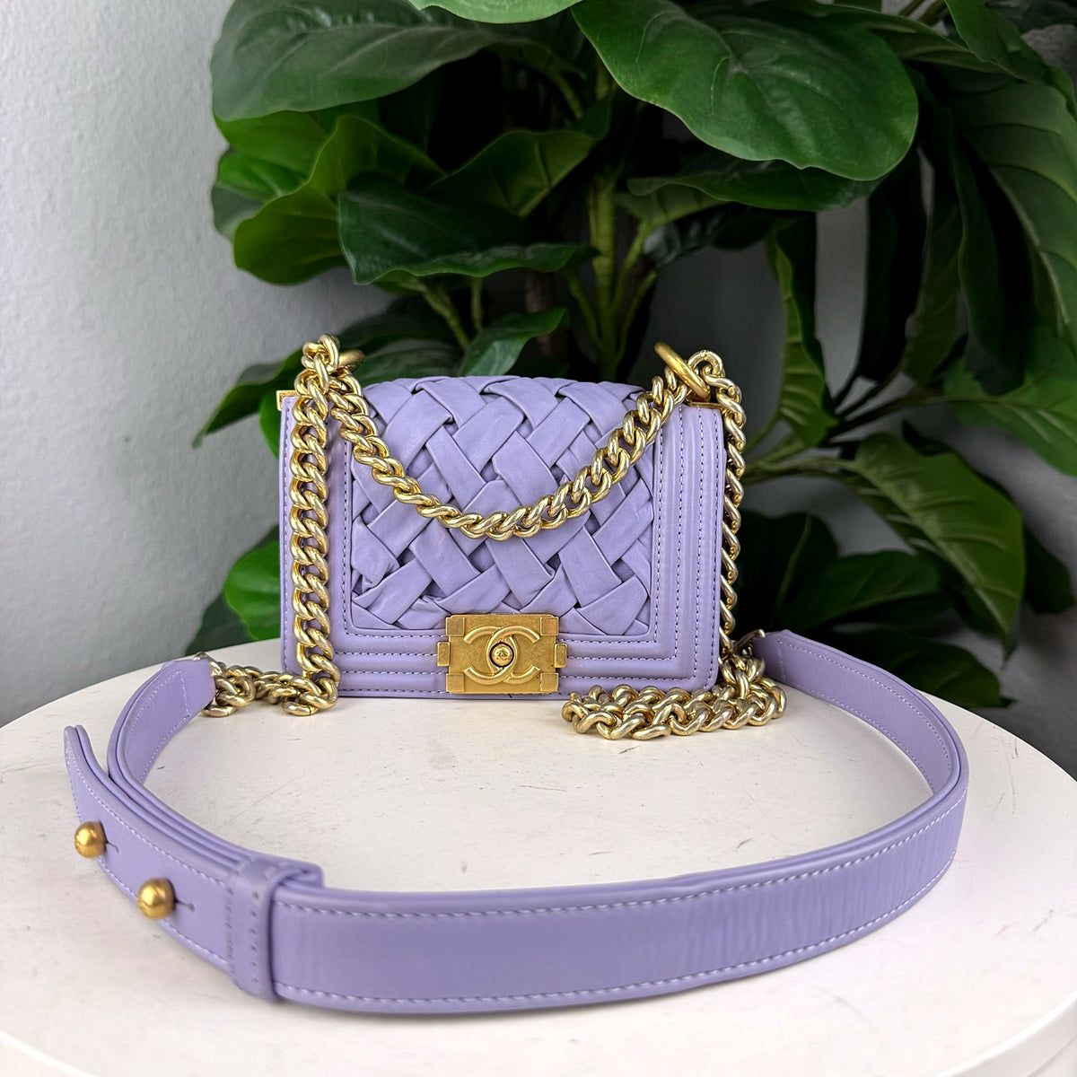 Authentic Chanel Small Boy Bag Lavender Woven Lambskin Gold Hardware - 01_photo.jpg