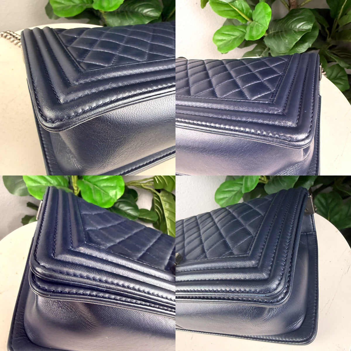 Authentic Chanel Boy Bag Medium Quilted Lambskin Navy Blue Silver Hardware - 03_corners.jpg