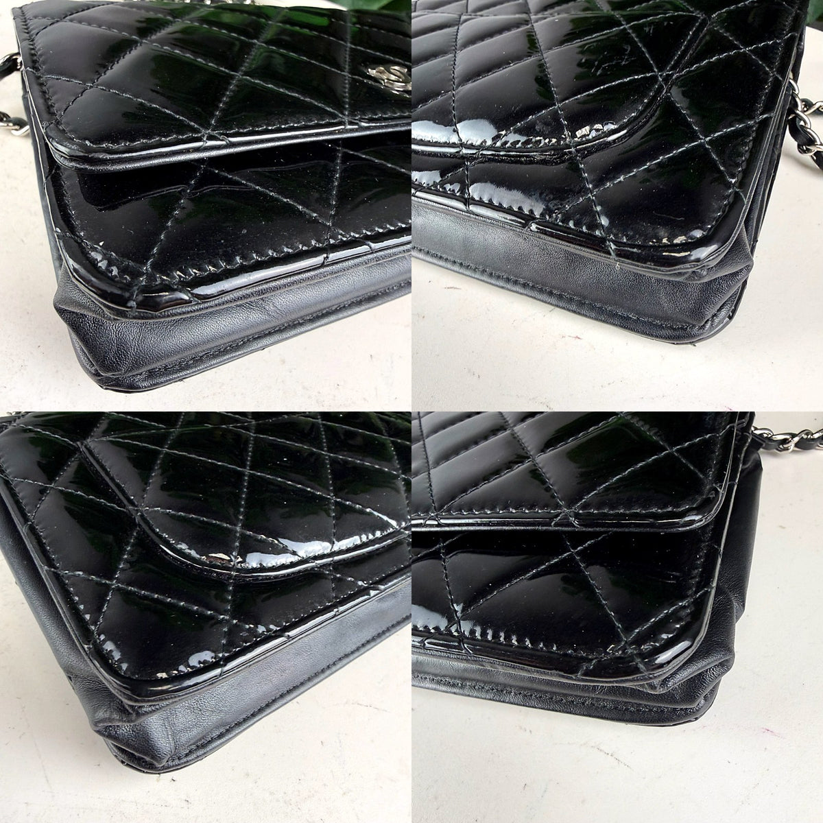 Authentic Chanel Wallet on Chain Black Patent Leather Quilted WOC - 03_corners.jpg