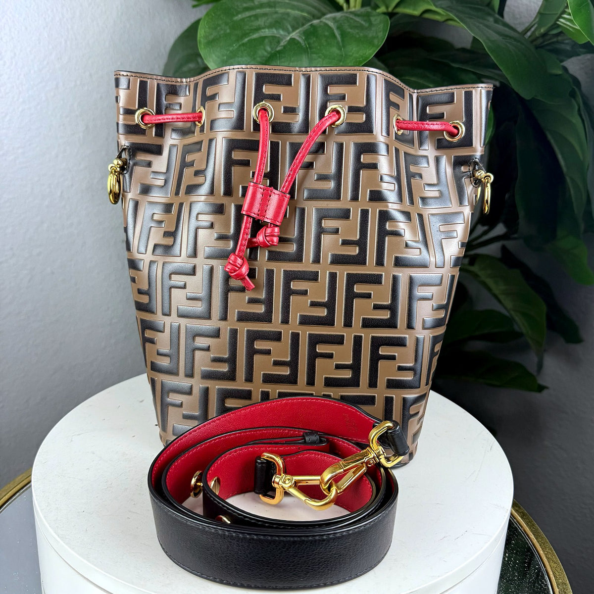 Authentic Fendi Mon Tresor Bucket Bag in FF Zucca Canvas with Red Leather - 01_photo.jpg