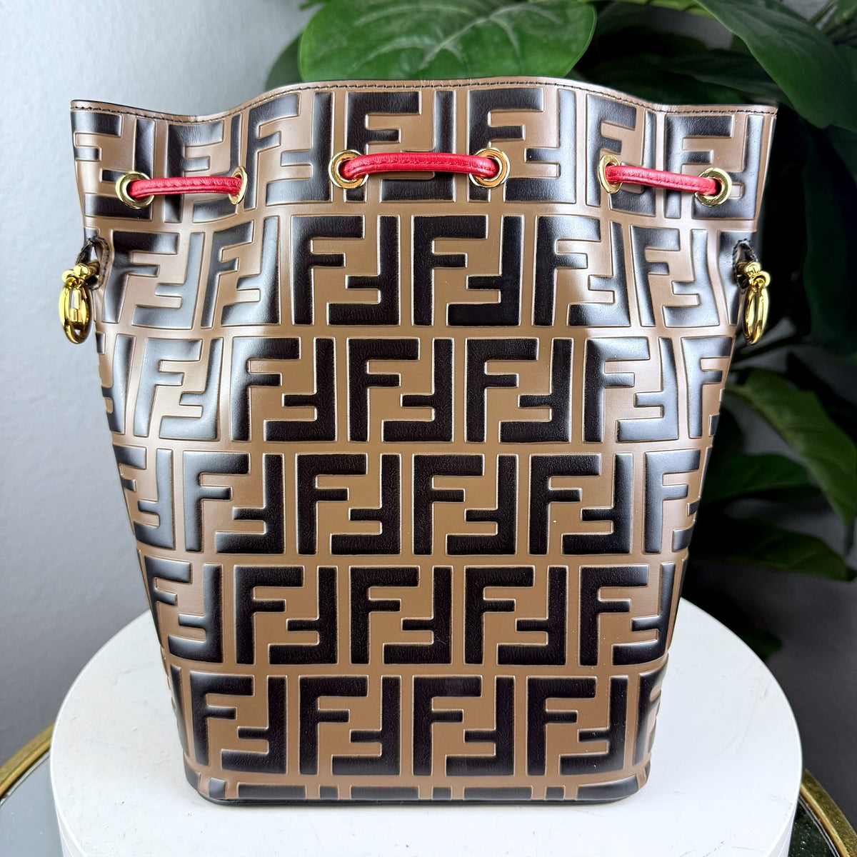 Authentic Fendi Mon Tresor Bucket Bag in FF Zucca Canvas with Red Leather - 02_photo.jpg