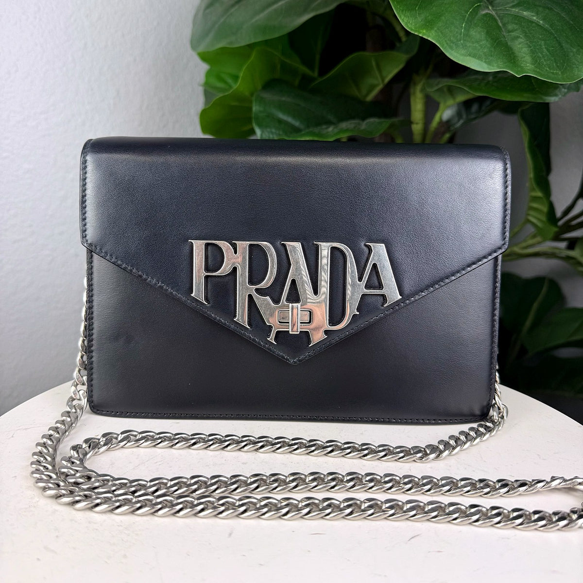 Authentic Prada Logo Envelope Shoulder Bag Black Leather Silver Hardware - 02_photo.jpg