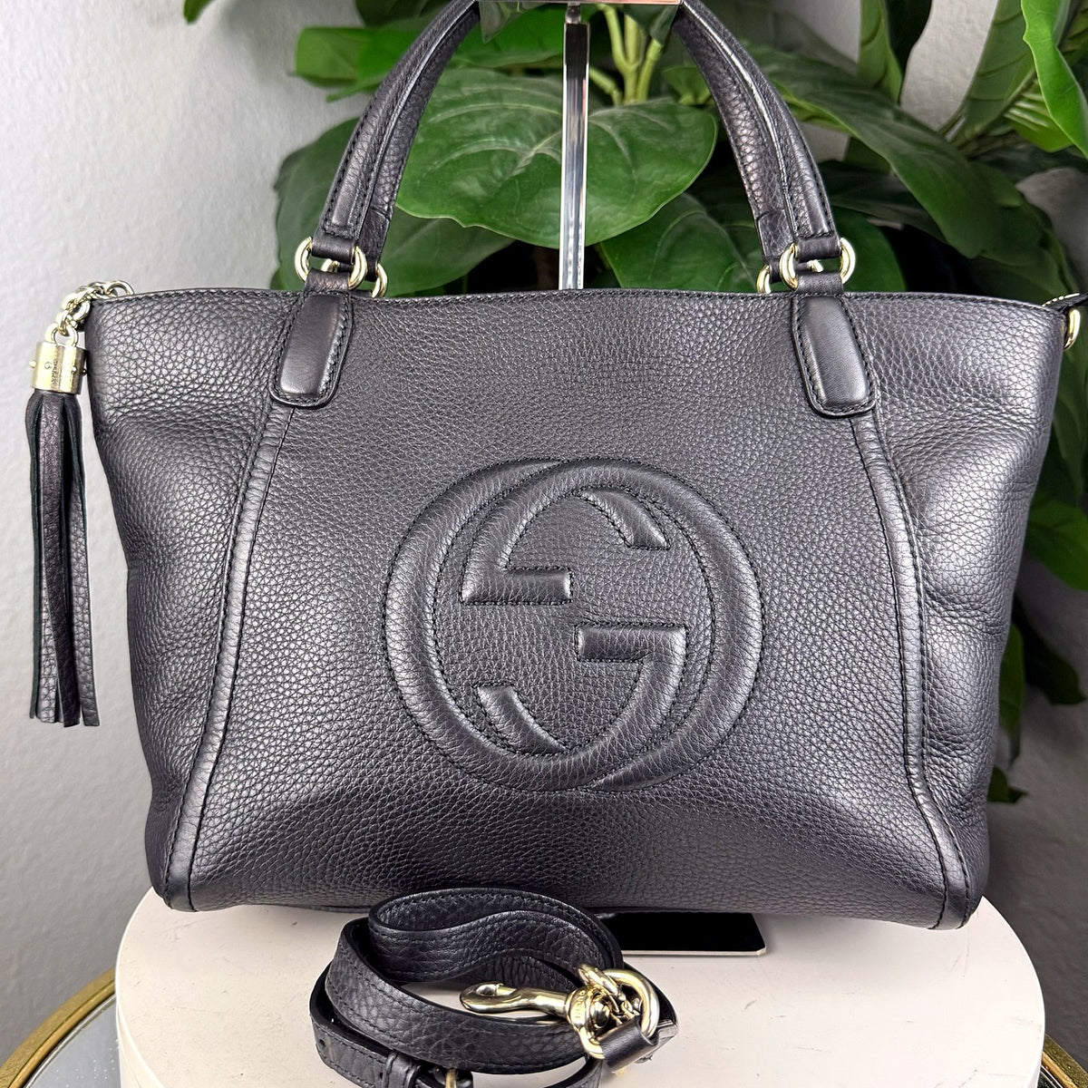 Authentic Gucci Soho Medium Leather Tote Bag Black with Shoulder Strap - 01_photo.jpg