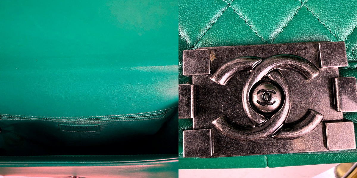 Authentic Chanel Boy Medium Quilted Lambskin Flap Bag Green Silver Hardware - 04_inside.jpg