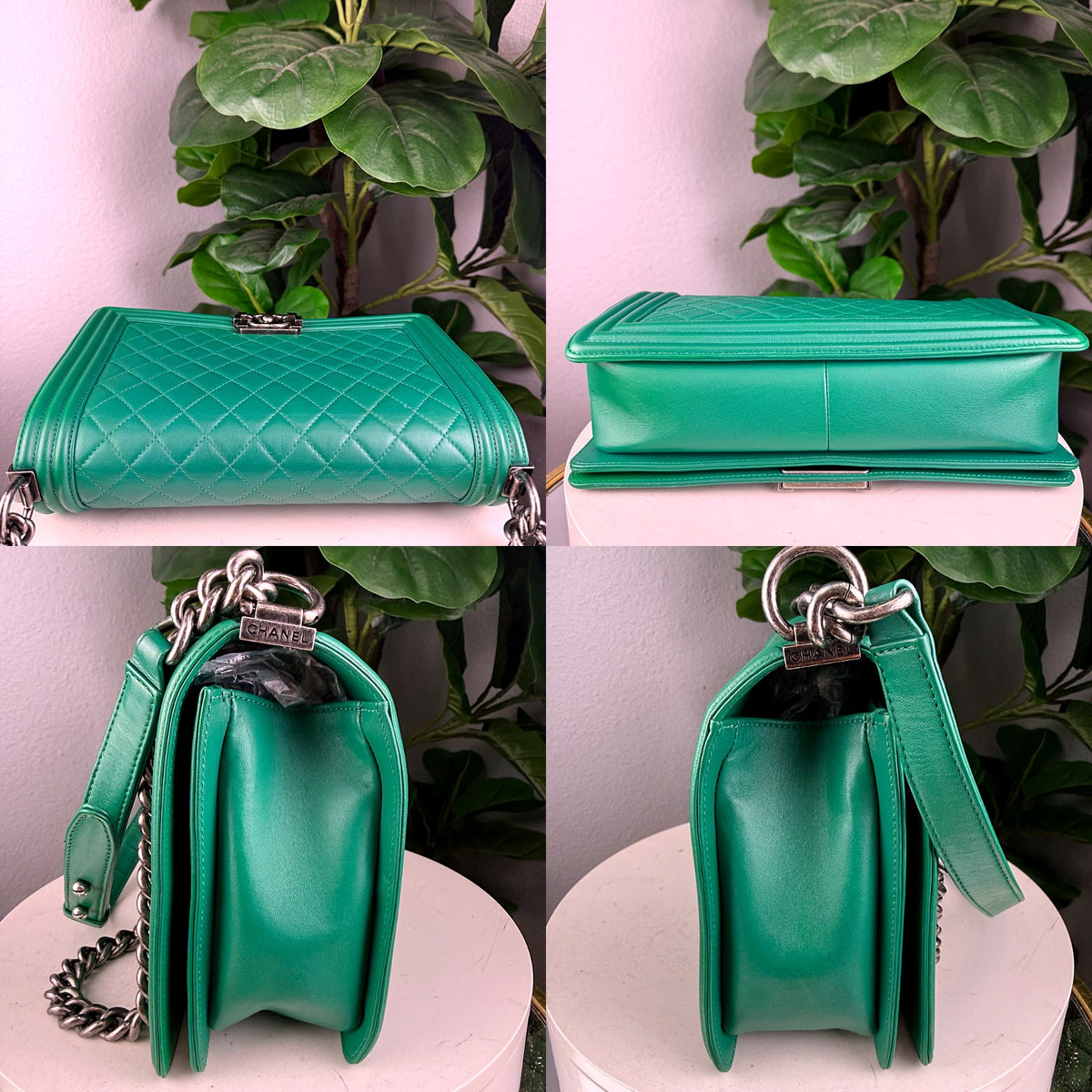 Authentic Chanel Boy Medium Quilted Lambskin Flap Bag Green Silver Hardware - 05_extra.jpg