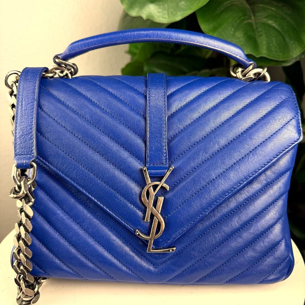 Authentic Saint Laurent College Medium Chevron Quilted Leather Bag Blue - 01_photo.jpg