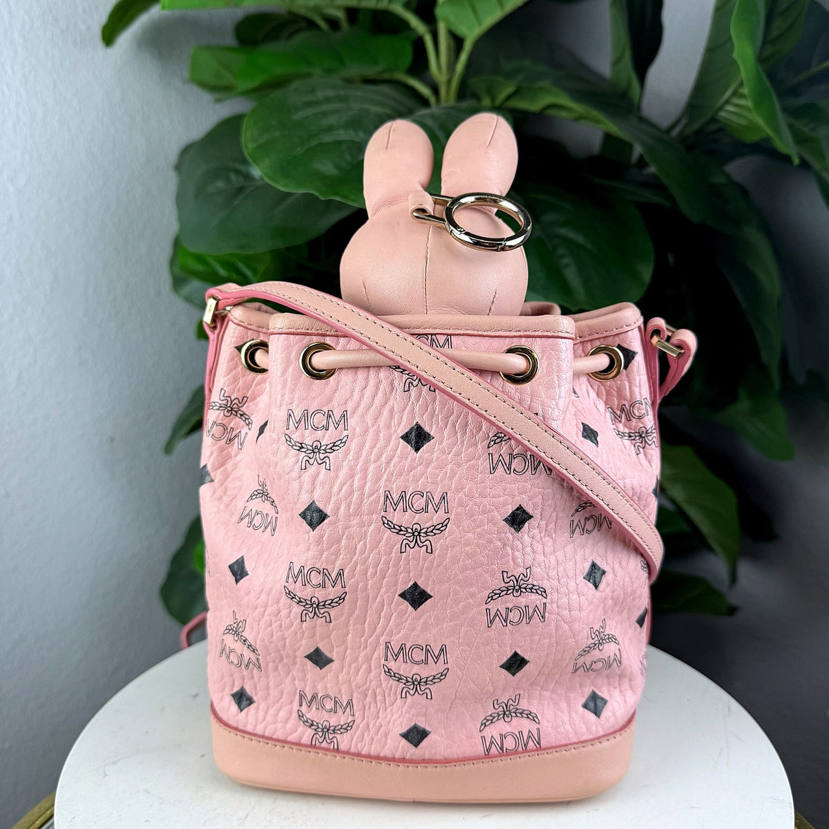 Authentic MCM Zoo Rabbit Charm Mini Bucket Bag Pink Visetos - 02_photo.jpg