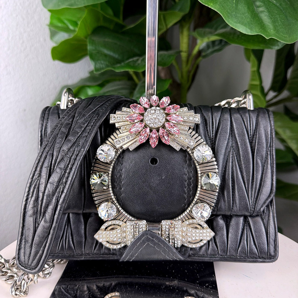 Authentic Miu Miu Matelassé Lady Bag Black Leather Crystal Buckle - 01_photo.jpg