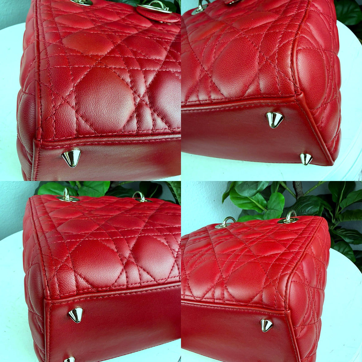 Authentic Dior Lady Dior Medium Red Lambskin Cannage Quilted Bag - 03_corners.jpg