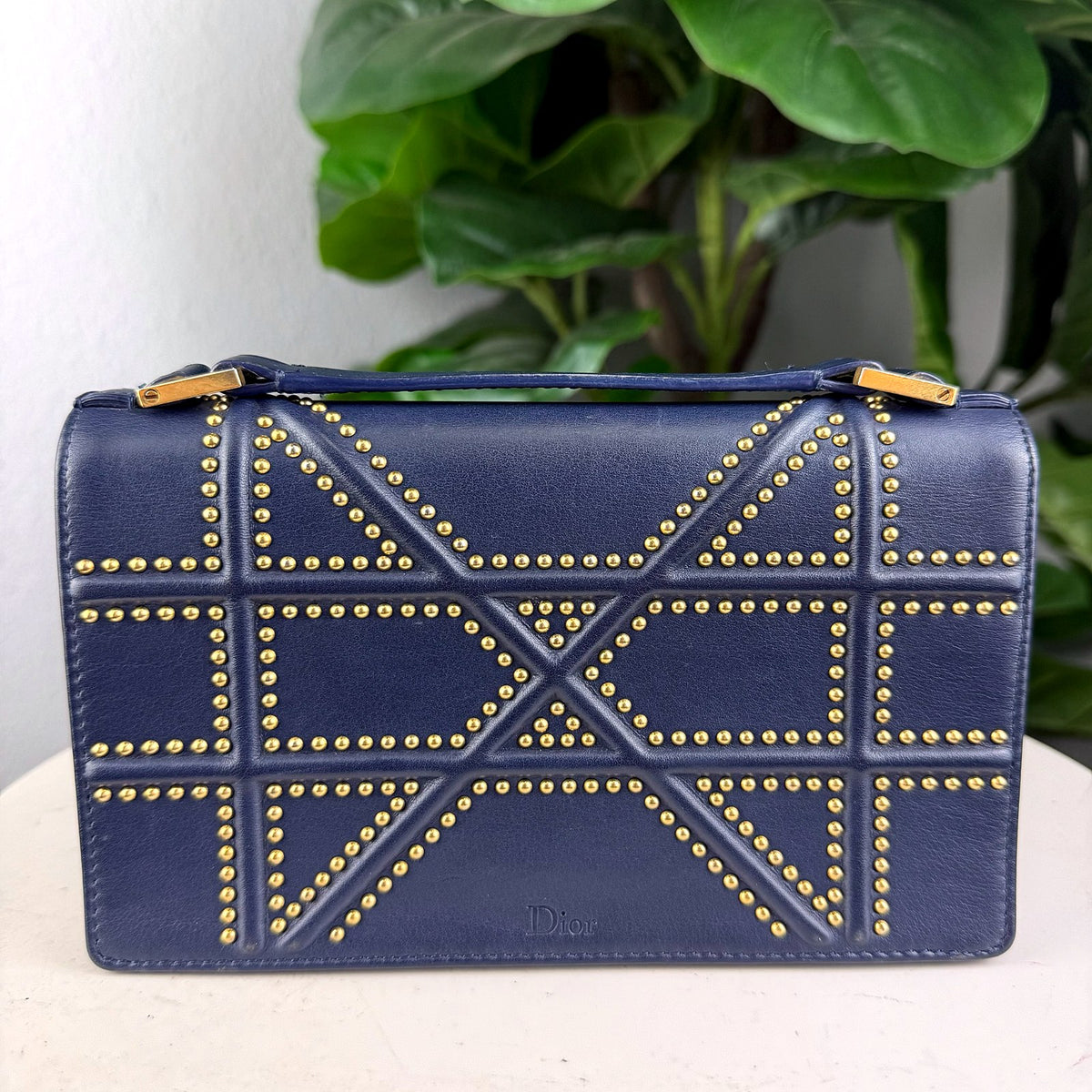 Authentic Dior Diorama Studded Flap Bag Navy Blue Leather Gold Hardware - 02_photo.jpg