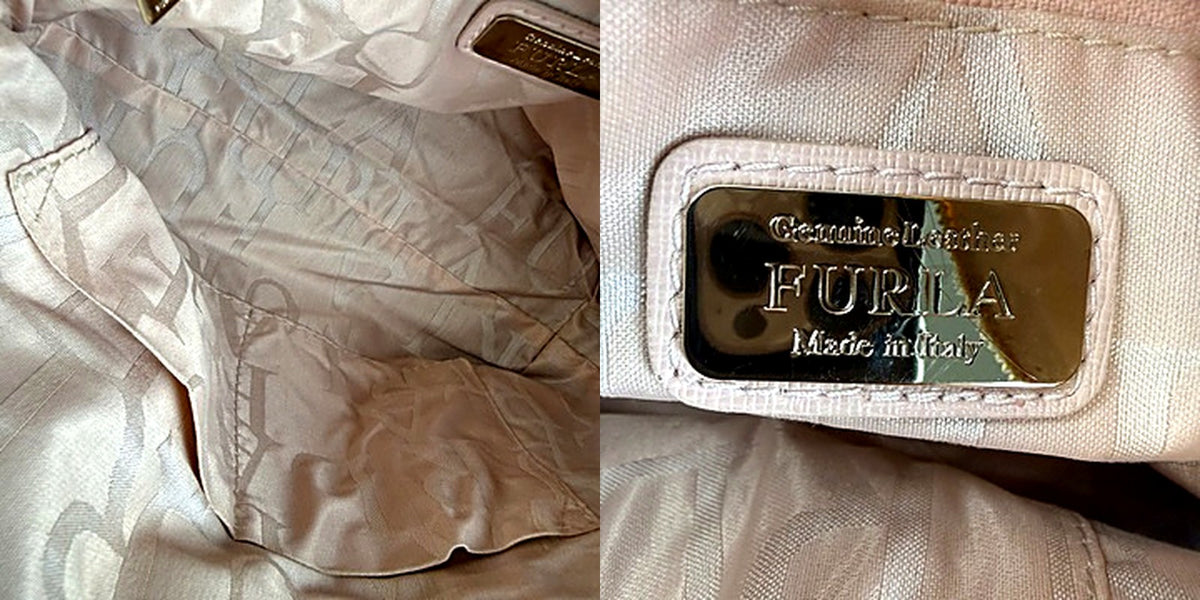 Authentic Furla Blush Pink Saffiano Leather Dome Bag - interior and brand tag