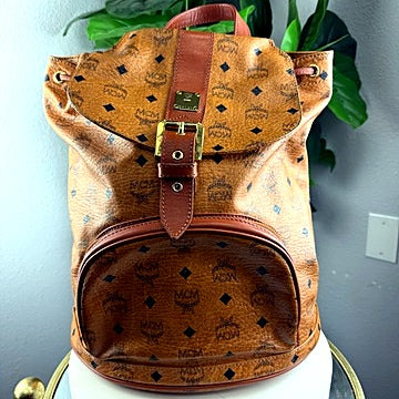 Authentic Vintage MCM Visetos Cognac Coated Canvas Drawstring Backpack - front