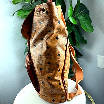 Authentic Vintage MCM Visetos Cognac Coated Canvas Drawstring Backpack - side