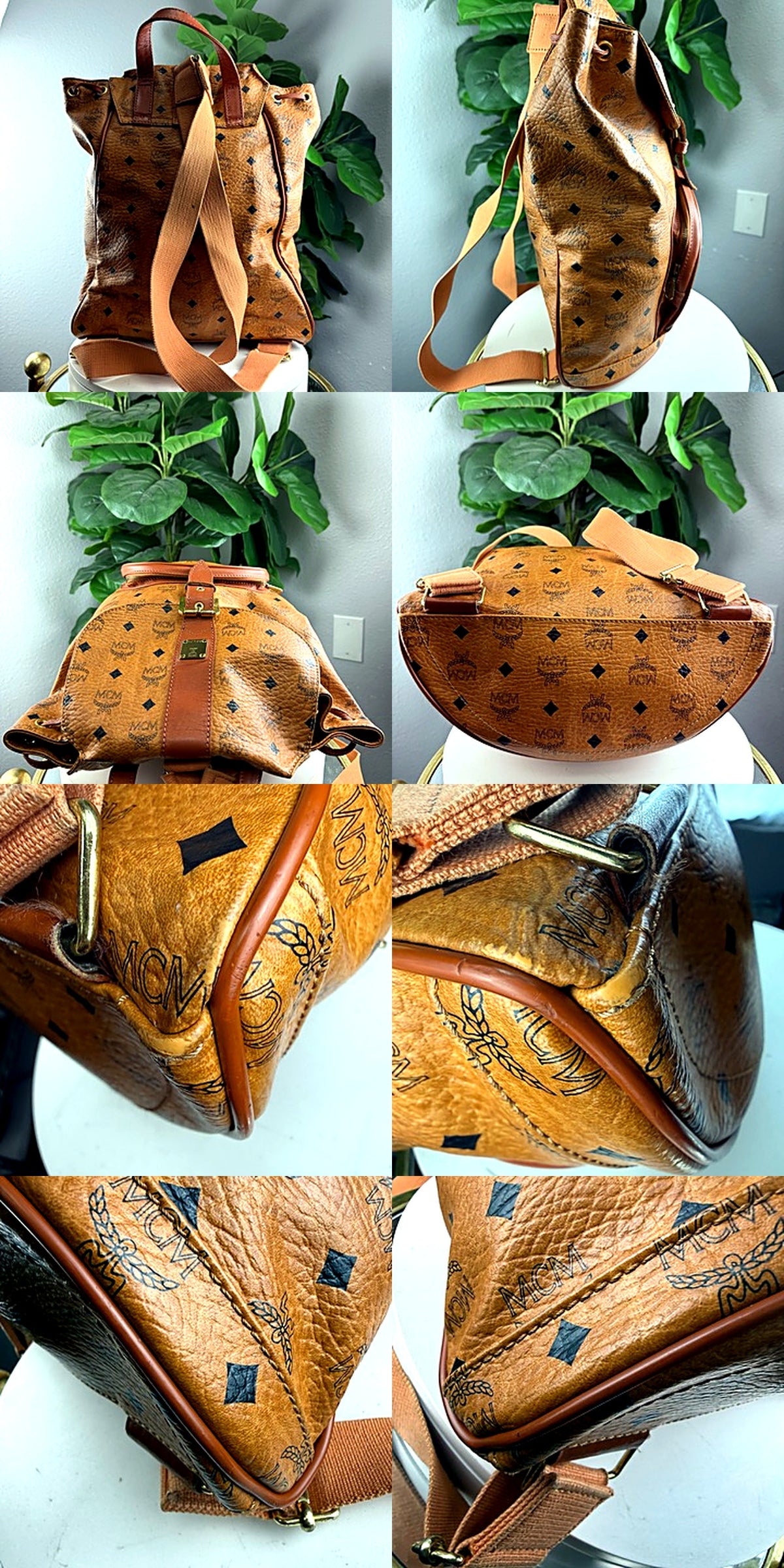 Authentic Vintage MCM Visetos Cognac Coated Canvas Drawstring Backpack - detail views
