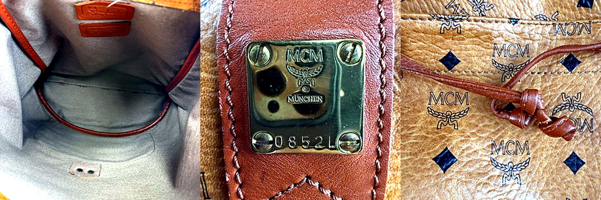 Authentic Vintage MCM Visetos Cognac Coated Canvas Drawstring Backpack - interior, hardware plate, strap detail