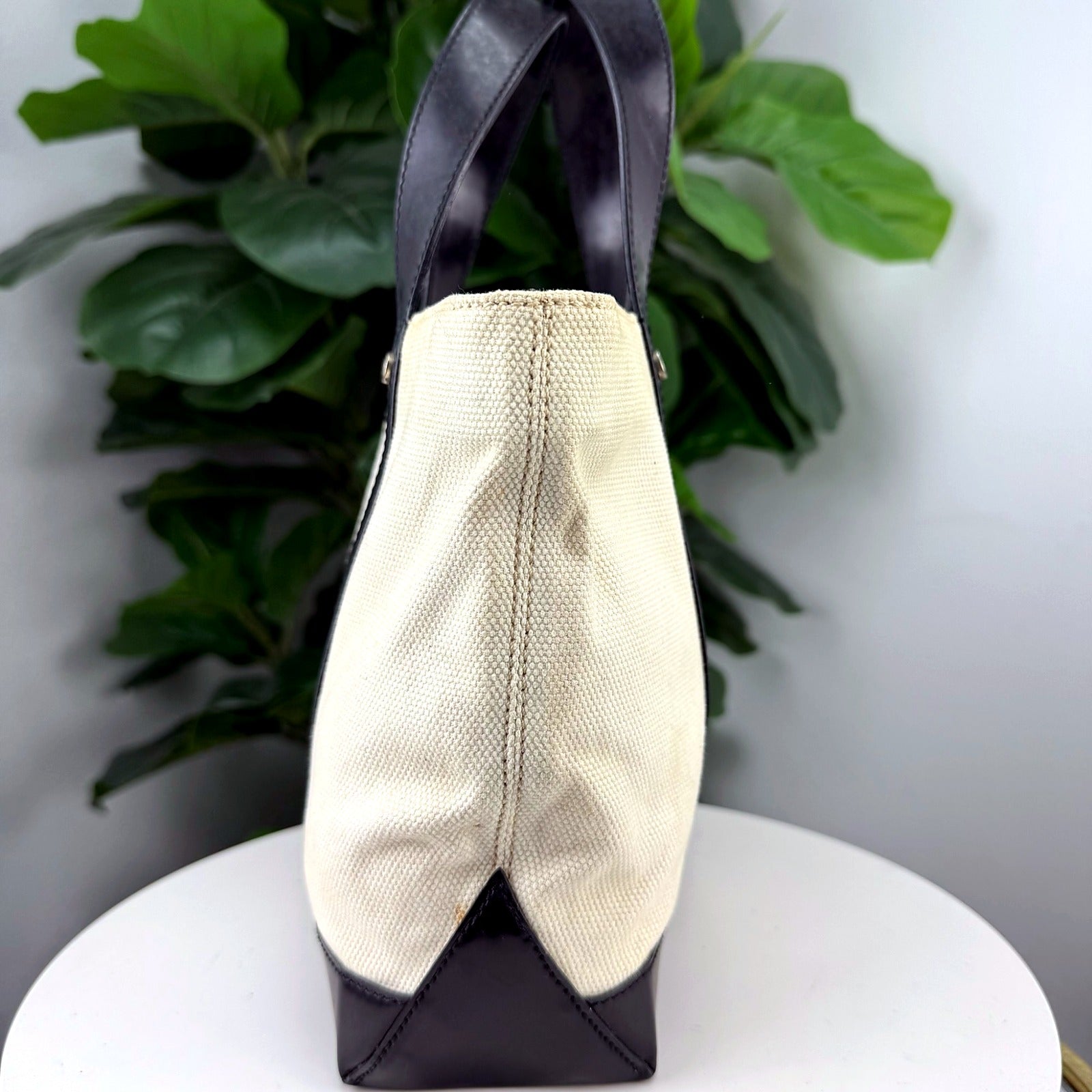 Celine Ivory Canvas Tote Bag with Black Leather Trim