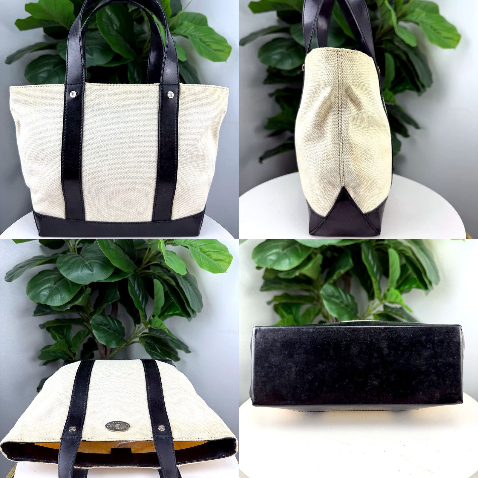 Celine Ivory Canvas Tote Bag with Black Leather Trim
