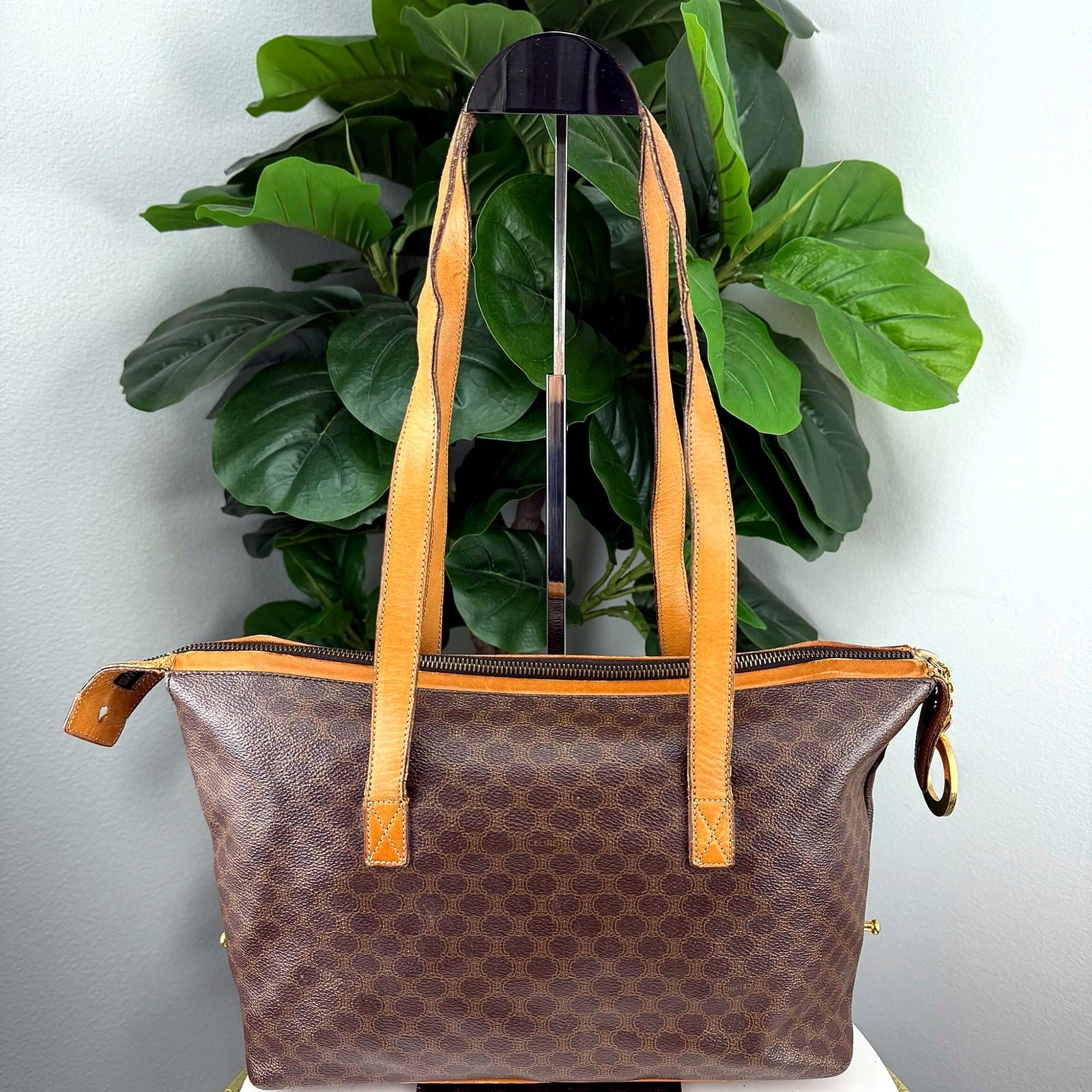 Celine Vintage Macadam Brown Canvas Shoulder Tote Bag