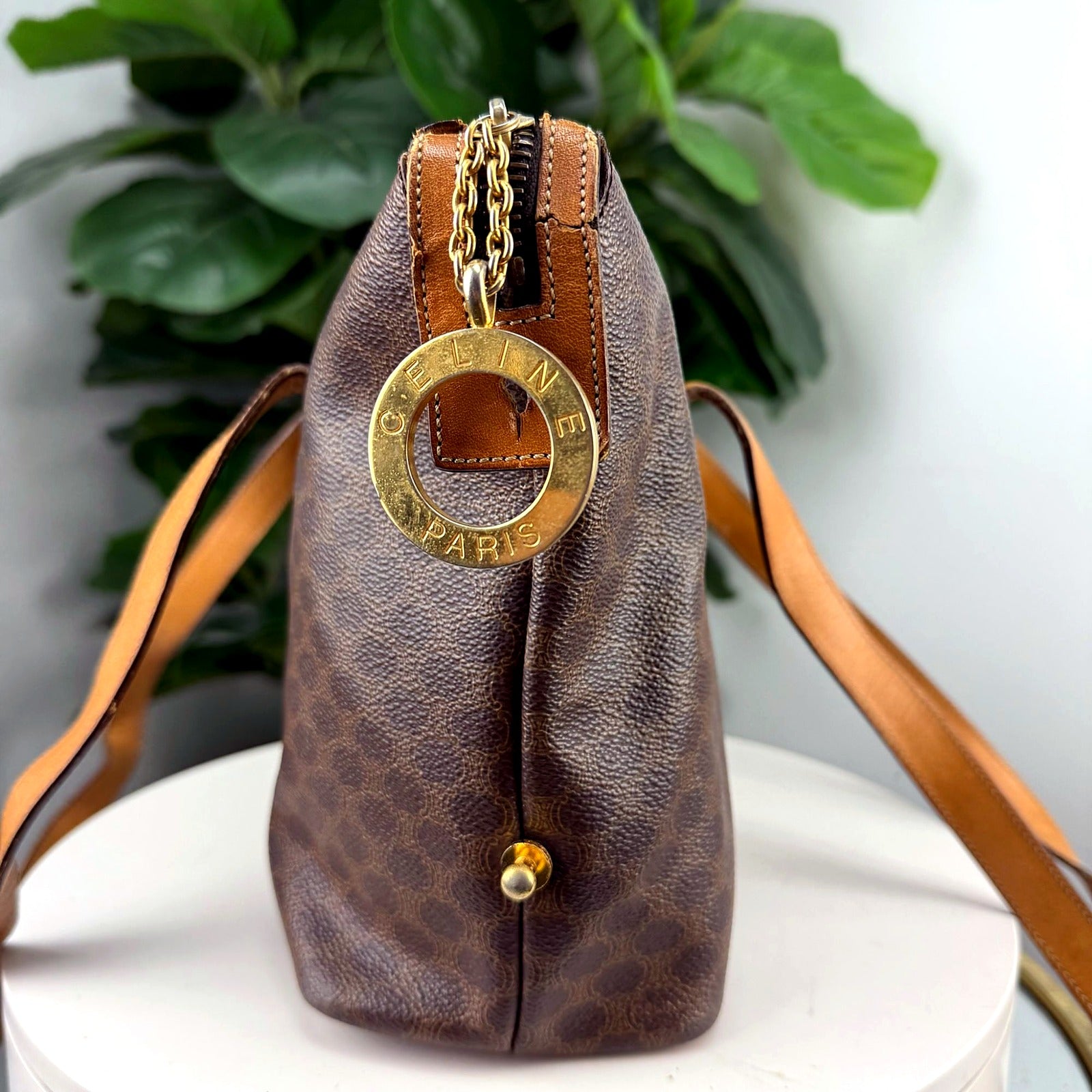 Celine Vintage Macadam Brown Canvas Shoulder Tote Bag
