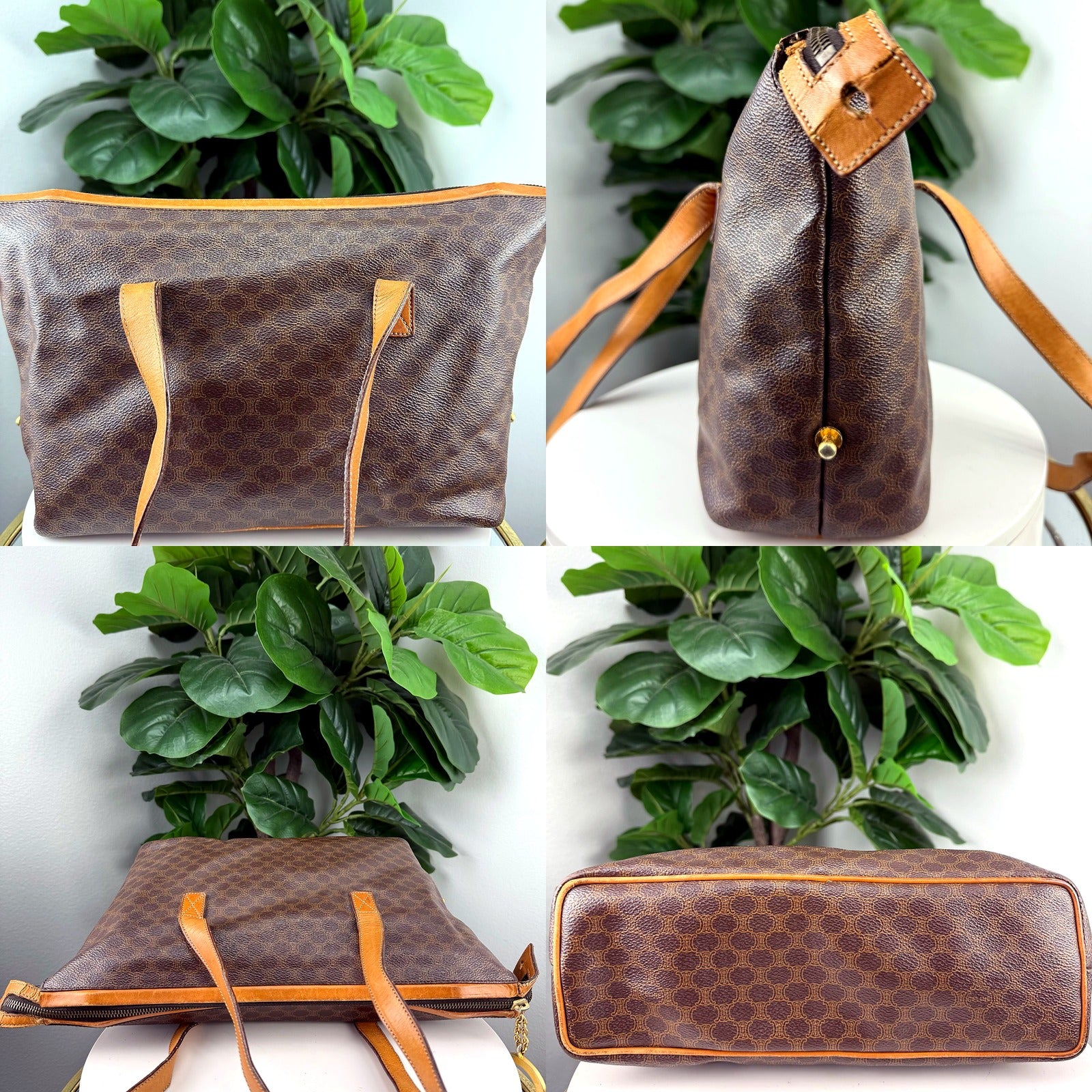 Celine Vintage Macadam Brown Canvas Shoulder Tote Bag