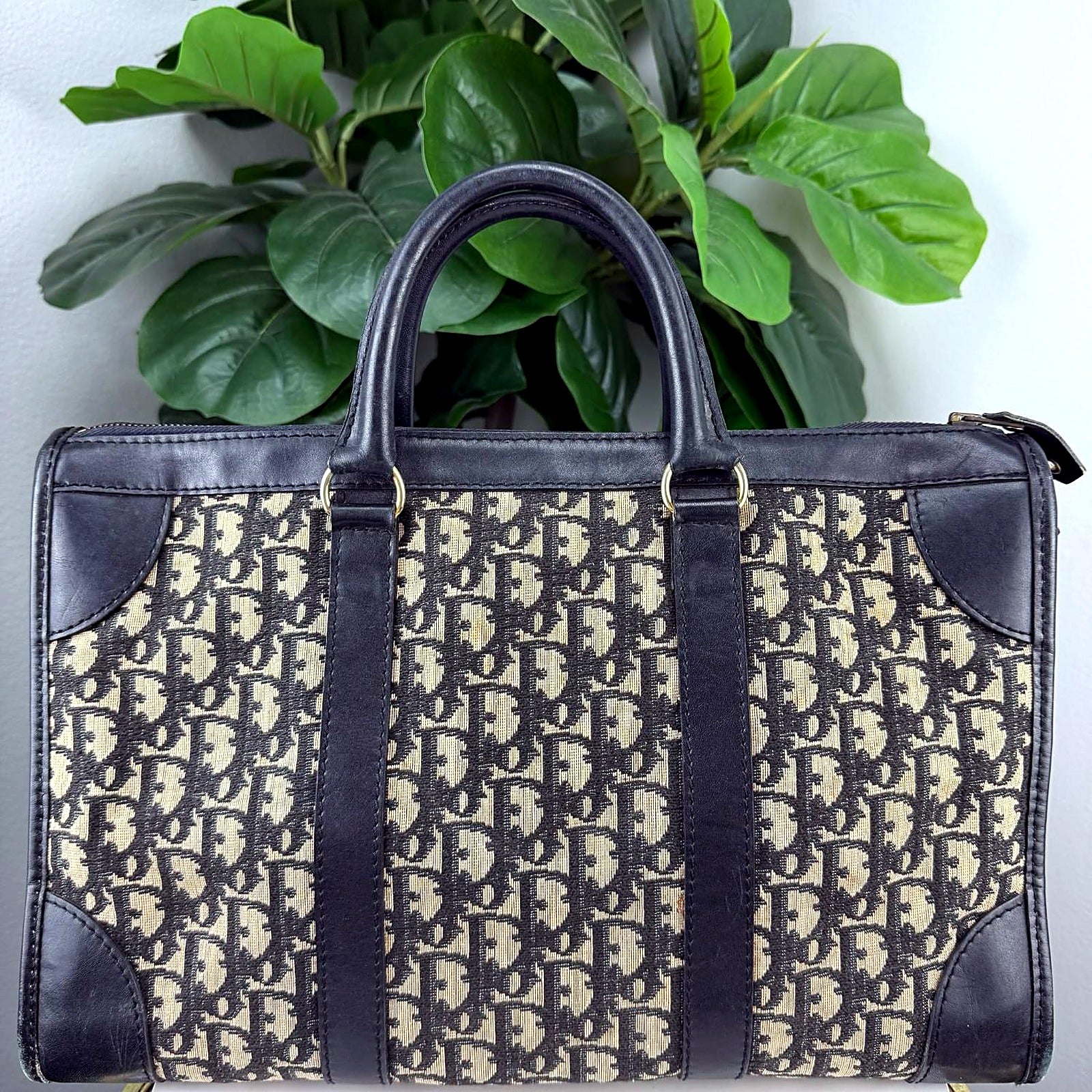 Authentic Christian Dior Trotter Monogram Canvas Boston Bag - Black Leather Trim