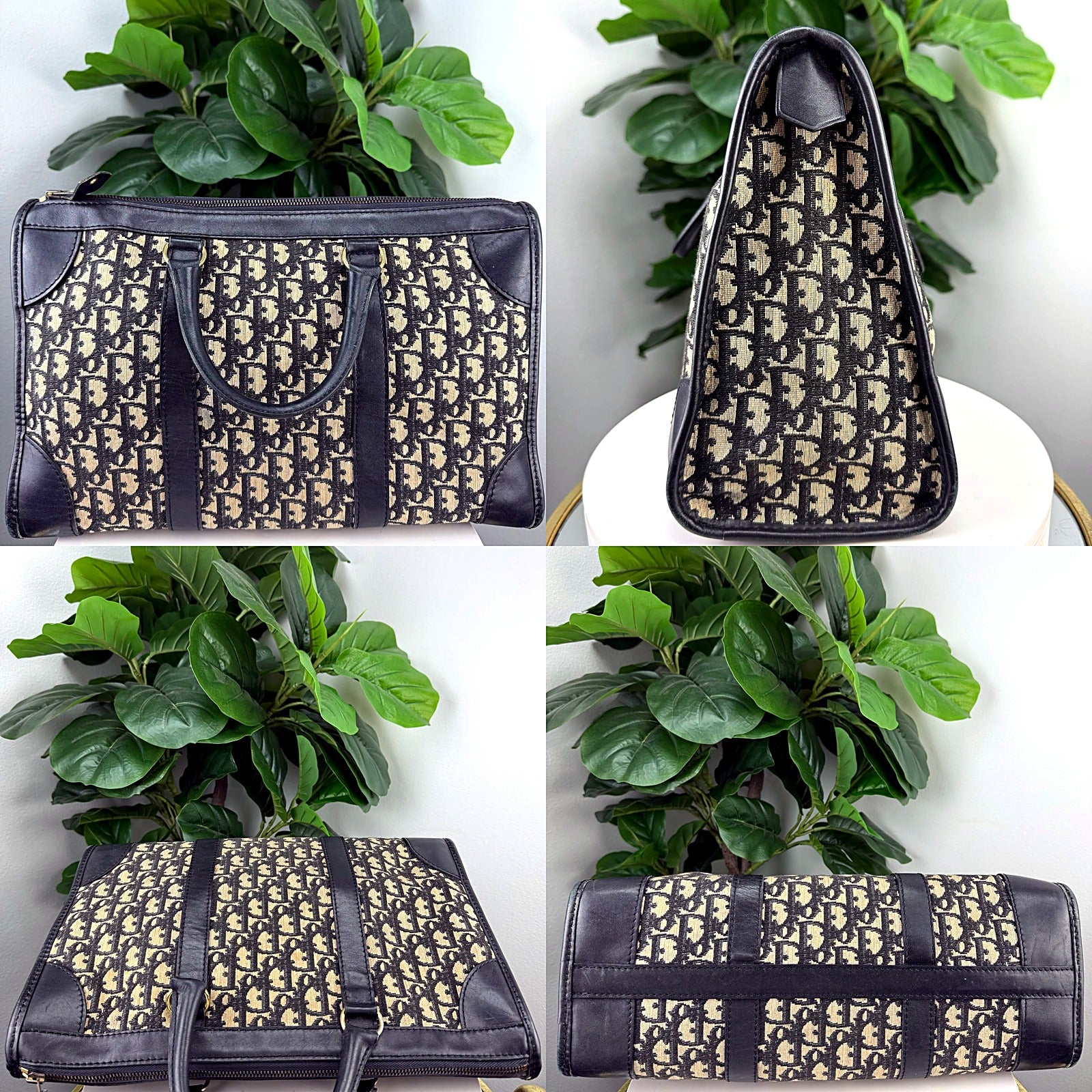 Authentic Christian Dior Trotter Monogram Canvas Boston Bag - Black Leather Trim