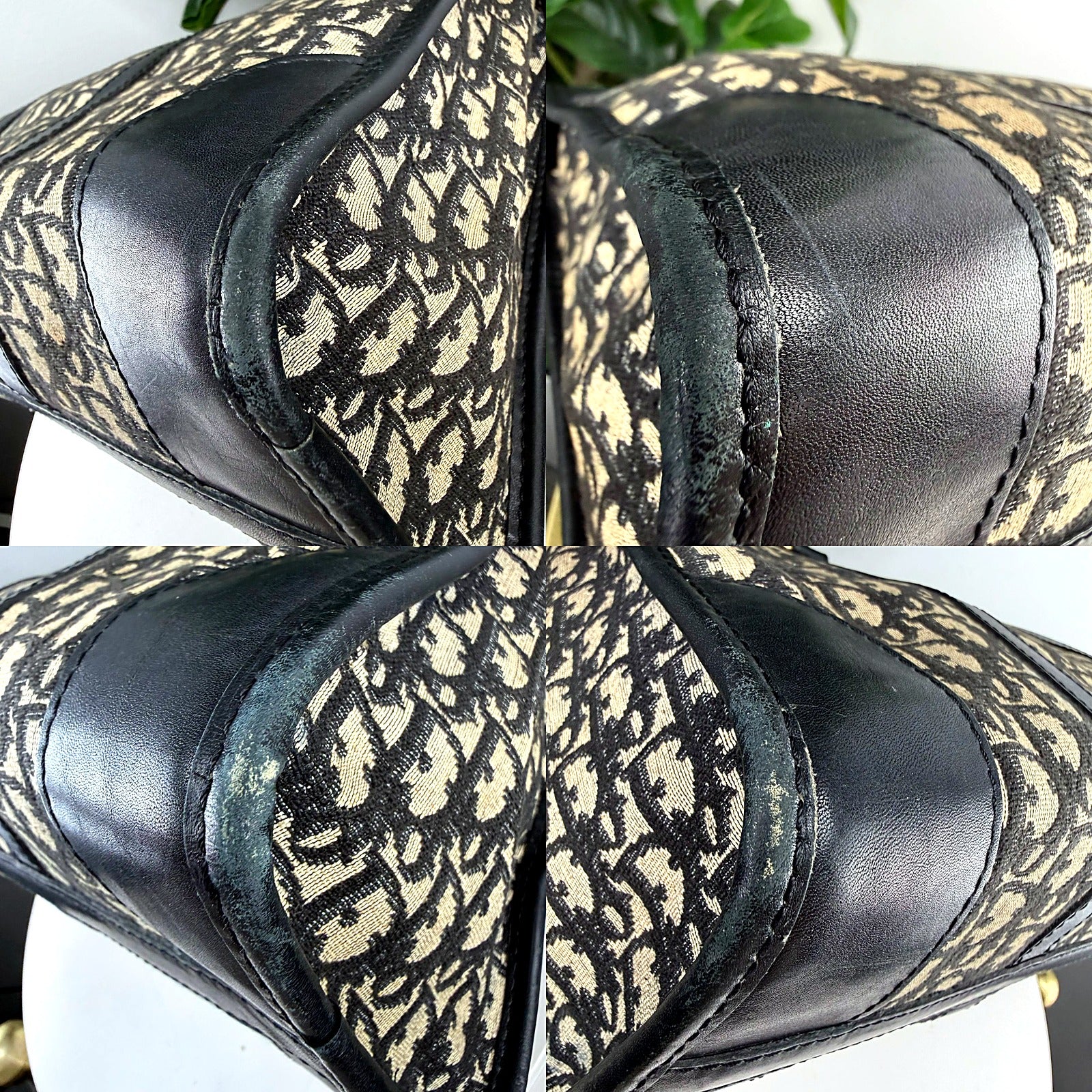 Authentic Christian Dior Trotter Monogram Canvas Boston Bag - Black Leather Trim