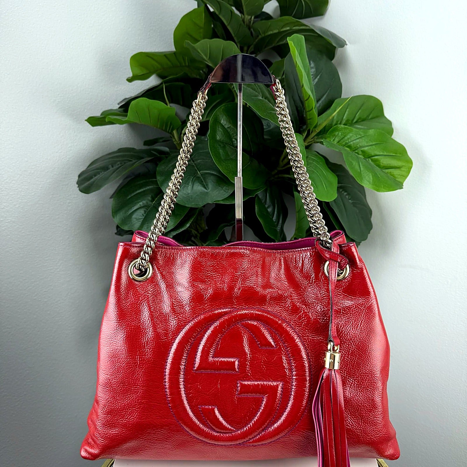 Authentic Gucci Soho Red Patent Leather Chain Tote - Fuchsia Interior, Tassel