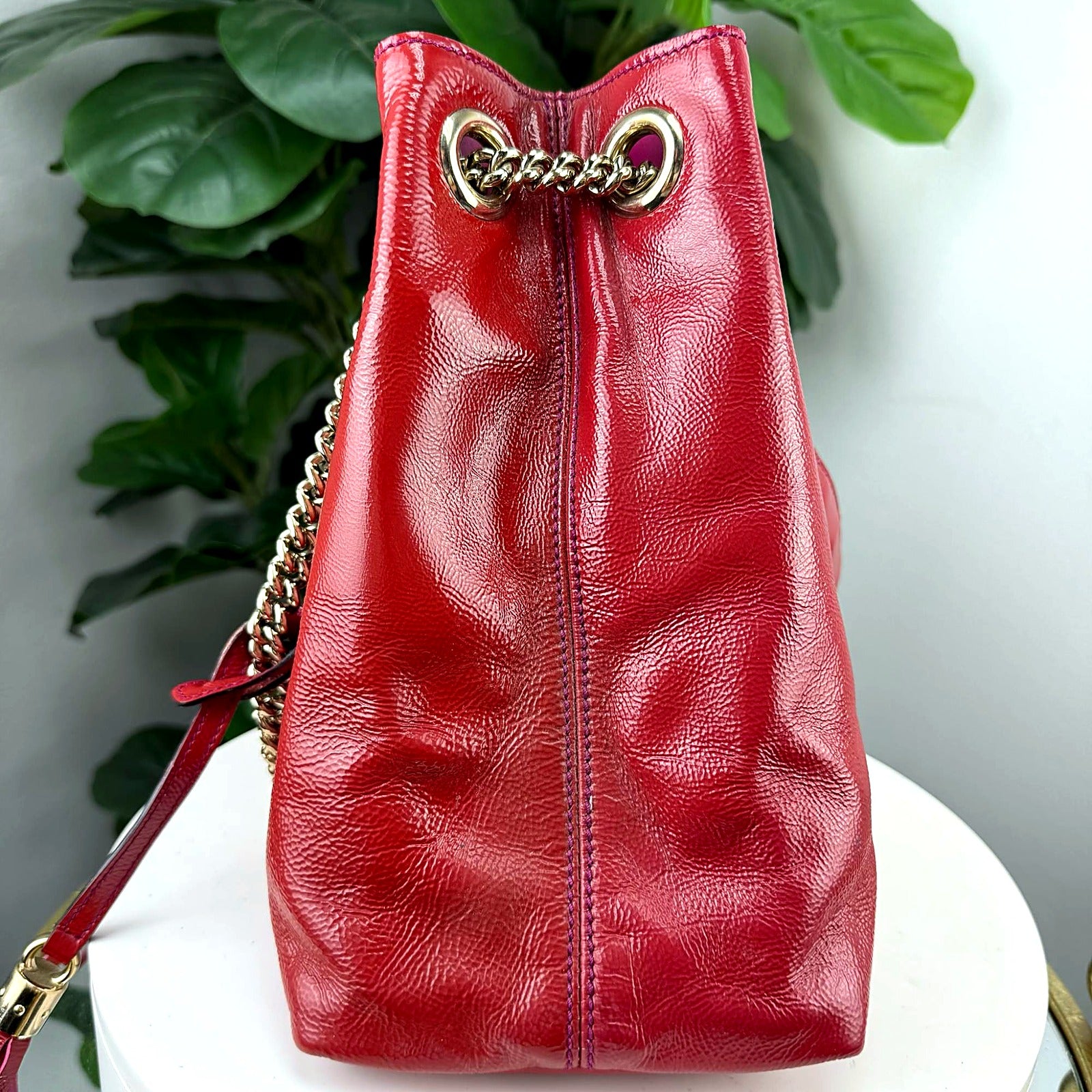 Authentic Gucci Soho Red Patent Leather Chain Tote - Fuchsia Interior, Tassel