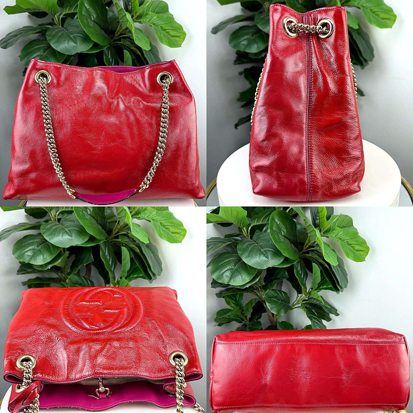 Authentic Gucci Soho Red Patent Leather Chain Tote - Fuchsia Interior, Tassel