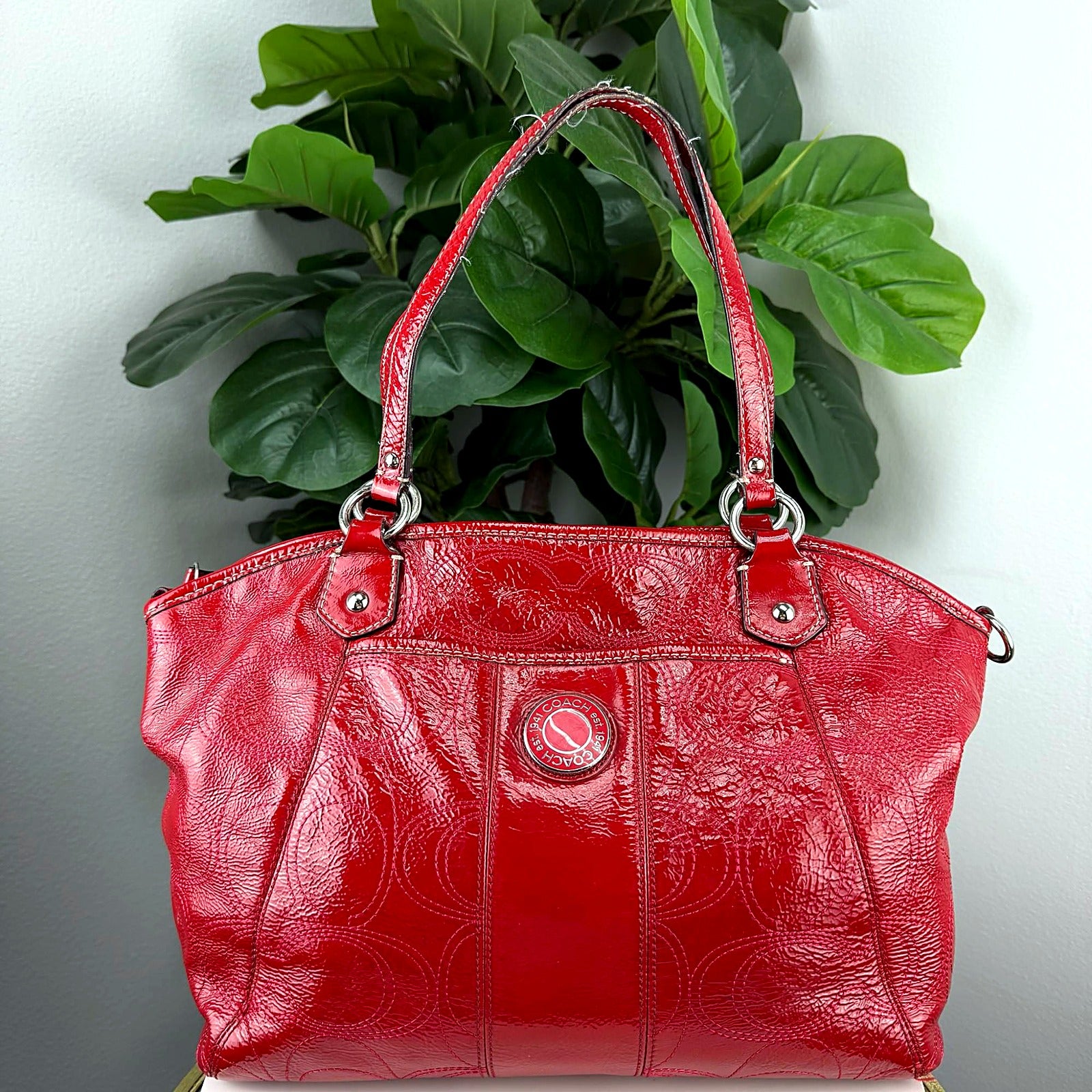 Authentic Coach Red Patent Leather Tote - COACH EST. 1941 Disc Logo